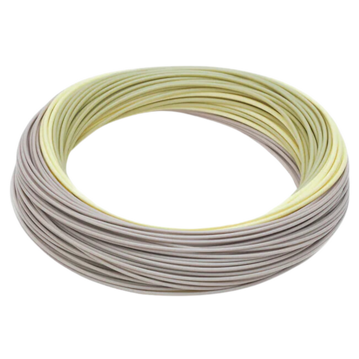 Coiled Rio Elite Predator Fly Line in pale yellow and light gray colors designed for fishing tackle and fly fishing gear.
