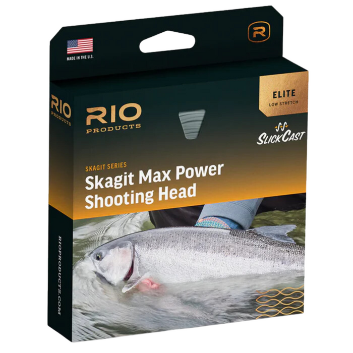 Packaging of Rio Elite Skagit Max Power Fly Line featuring a fish image, highlighting low stretch and SlickCast technology, designed for precision fly fishing.