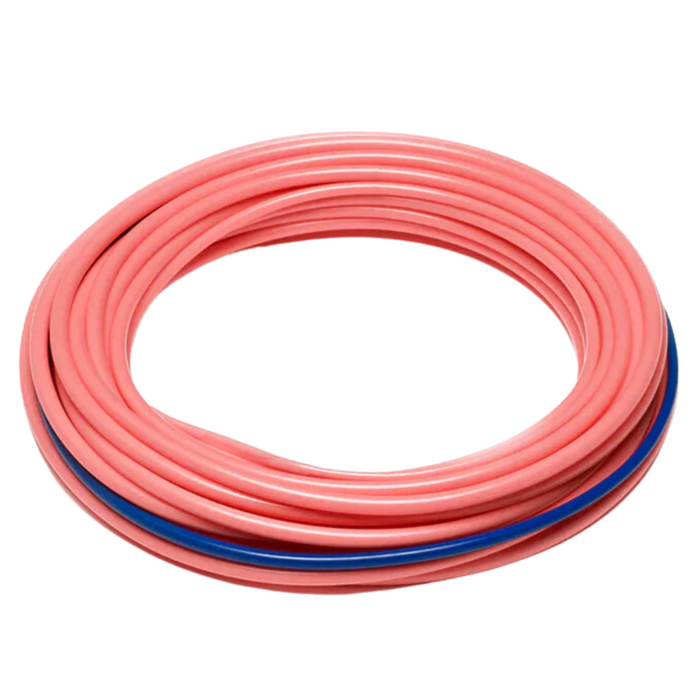 Coiled Rio Elite Skagit Max Power Fly Line in bright coral with a contrasting thin blue inner layer, designed for advanced fly fishing performance and precision casting.