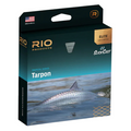 Packaging of Rio Elite Tarpon Fly Line featuring a sleek black and blue design with an image of a tarpon fish swimming in water, highlighting low stretch and SlickCast technology.
