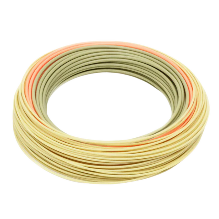 Rio Elite Tarpon Fly Line shown as a coiled, multi-toned fishing line in light green, beige, and subtle orange, designed for precision in fly fishing.