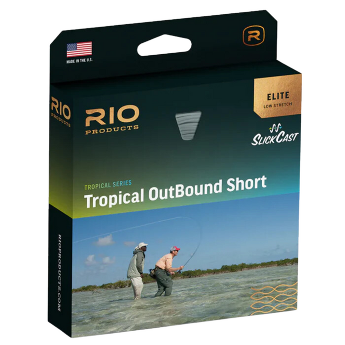 Packaging for Rio Elite Tropical Outbound Short Fly Line featuring an image of two anglers fly fishing in shallow water, highlighting fishing tackle for tropical conditions.