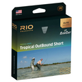 Packaging for Rio Elite Tropical Outbound Short Fly Line featuring an image of two anglers fly fishing in shallow water, highlighting fishing tackle for tropical conditions.