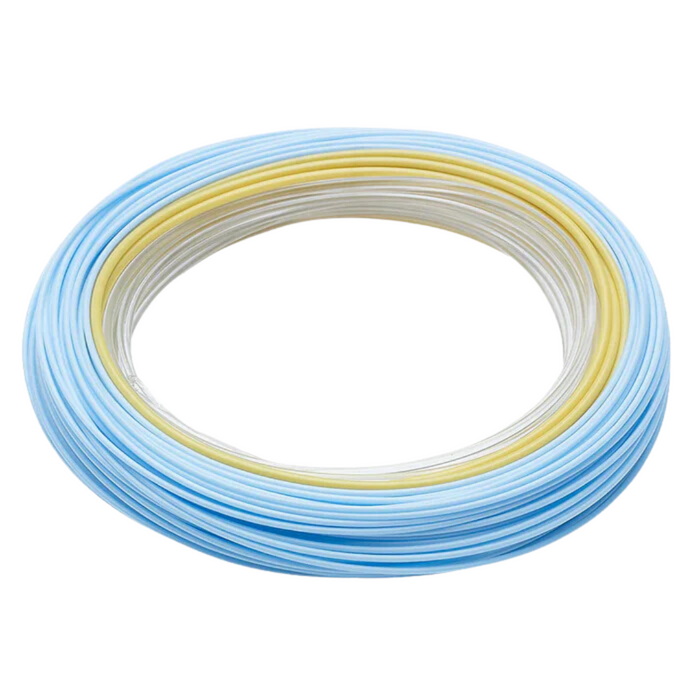 Coiled Rio Elite Tropical Outbound Short Fly Line with blue, yellow, and white color segments, designed for precise casting in fly fishing tackle.