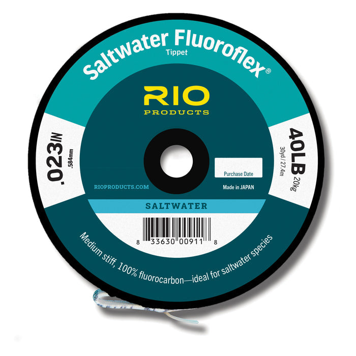Round spool of Rio Fluoroflex Saltwater Tippet fishing line, rated 40LB test strength, made of medium stiff 100% fluorocarbon for saltwater fishing applications.