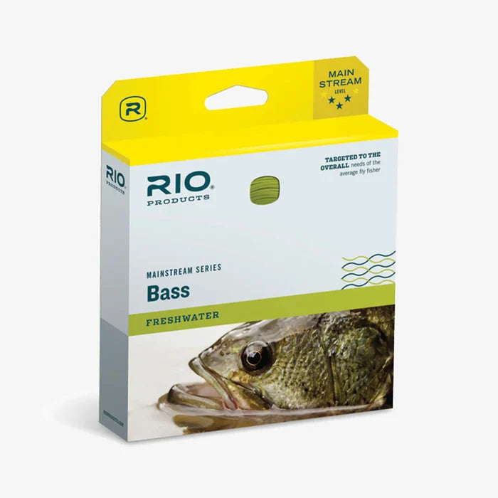 Box packaging of Rio Mainstream Bass fishing line featuring a green and white design with a close-up image of a bass fish, suitable for freshwater fishing.