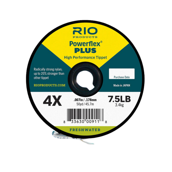 Round spool of Rio Powerflex Plus Tippet 30 Yards with marked strength of 7.5LB, diameter .007in, made of high-performance nylon for freshwater fishing.