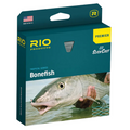 Packaging of Rio Premier Bonefish Fly Line featuring a tropical series design with a close-up image of a person holding a bonefish above water, highlighting fishing tackle product details.