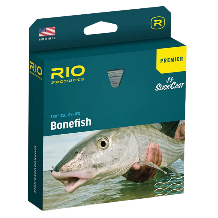 Packaging of Rio Premier Bonefish Fly Line featuring a tropical series design with a close-up image of a person holding a bonefish above water, highlighting fishing tackle product details.