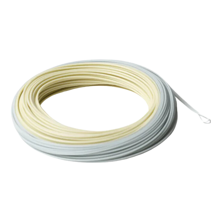 Coiled Rio Premier Bonefish Fly Line in pale yellow and white, showing smooth, durable material designed for precision casting in fly fishing.