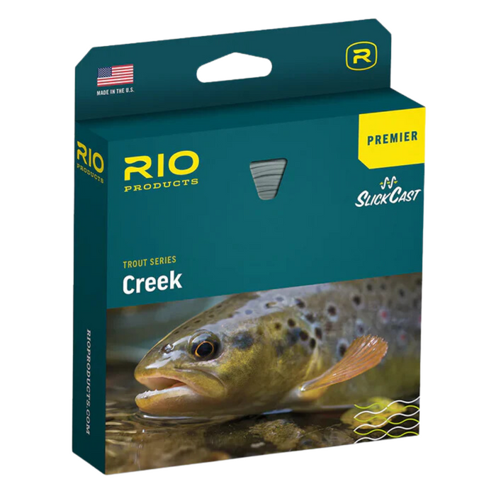 Box packaging for Rio Premier Creek Fly Line featuring a close-up image of a trout in clear water, highlighting the product as part of a premium trout series for fishing tackle enthusiasts.