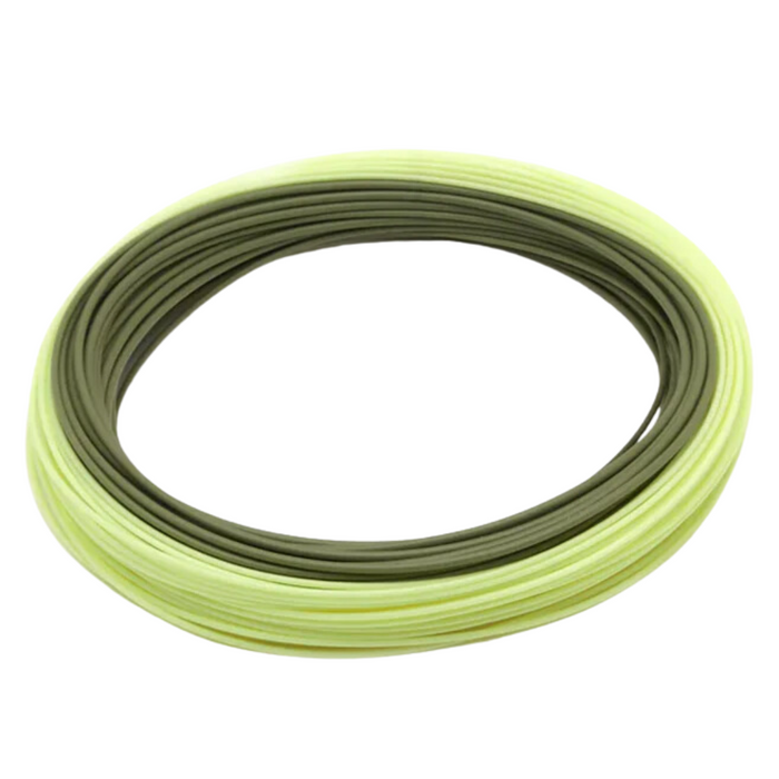 Coiled Rio Premier Creek Fly Line in light green and olive colors, designed for precision casting in fly fishing and compatible with various fishing rods and reels.