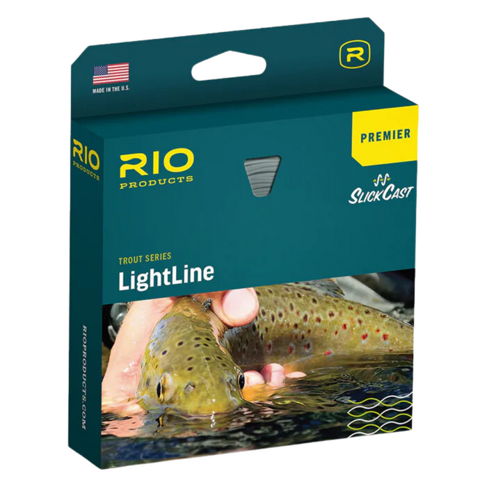 Packaging of Rio Premier Light Line Fly Line featuring a dark teal box with yellow accents and an image of a person holding a trout in clear water, designed for fly fishing enthusiasts.