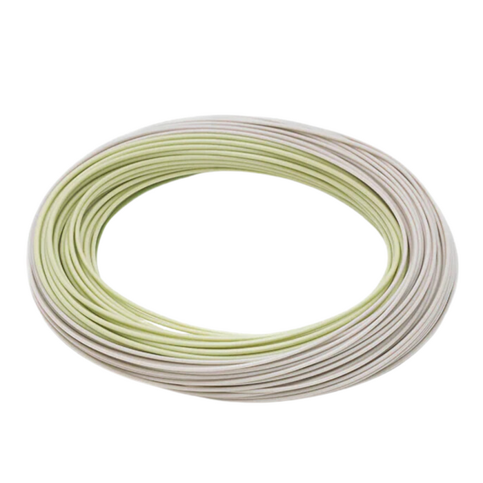 Coiled Rio Premier Light Line Fly Line with a smooth, slender profile in pale yellow and white colors, designed for precision fly fishing.