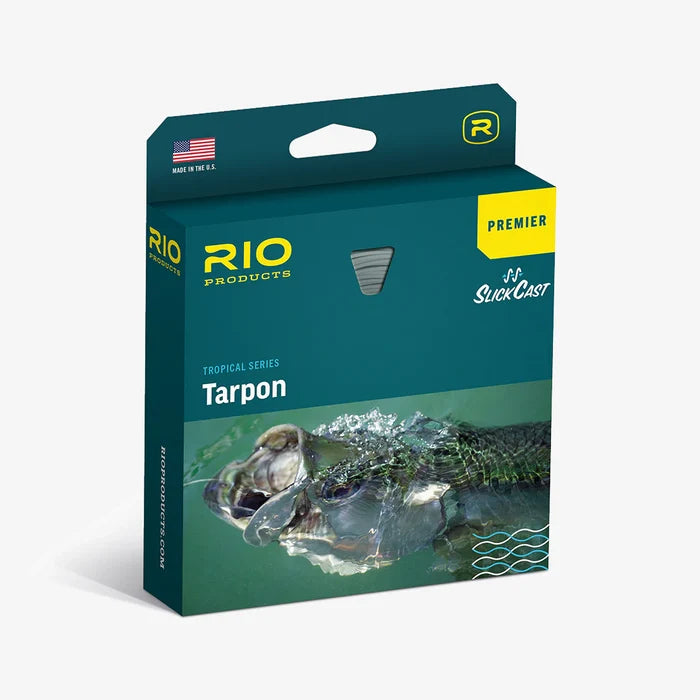 Packaging box of Rio Premier Tarpon fishing line from the tropical series, designed for smooth casting and durable performance in fishing tackle.