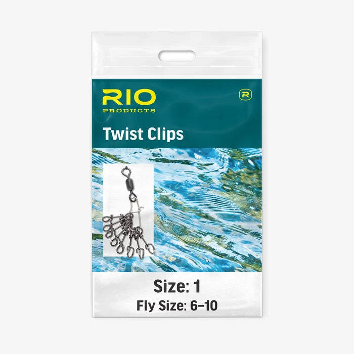 Clear plastic package showing Rio Twist Clip fishing tackle with multiple metal clips attached to a central swivel, designed for securing fishing lures or flies, labeled Size 1 and Fly Size 6-10.