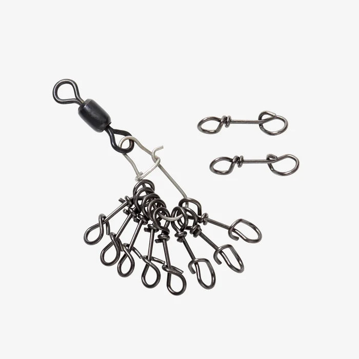 Rio Twist Clip fishing tackle showing multiple dark metal clips attached to a swivel, designed for securing lures and fishing rods.