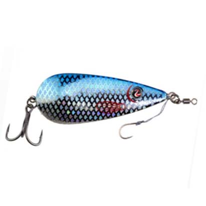 River2Sea James Watson Worldwide Spoon fishing lure with a blue scaled pattern, red eye detail, and two sharp treble hooks for effective fishing tackle use.
