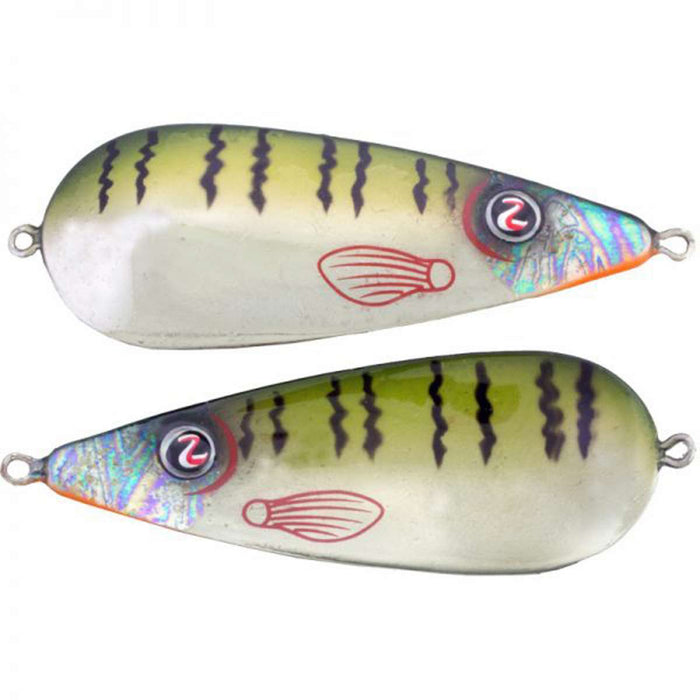Two metallic fishing spoons with green and silver bodies, black vertical stripes, holographic blue highlights near the head, and red details, designed as River2Sea James Watson Worldwide Spoon.