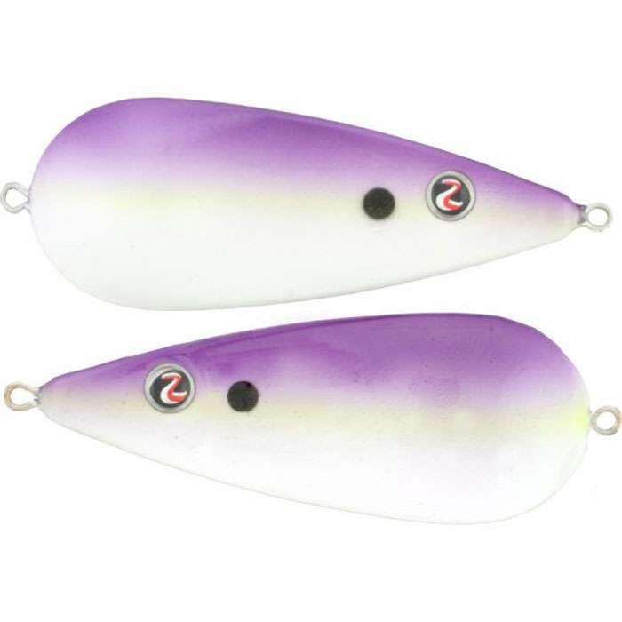 Two River2Sea James Watson Worldwide Spoon fishing lures with a purple and white gradient finish, metal body, and eyelet loops for attaching to fishing tackle.