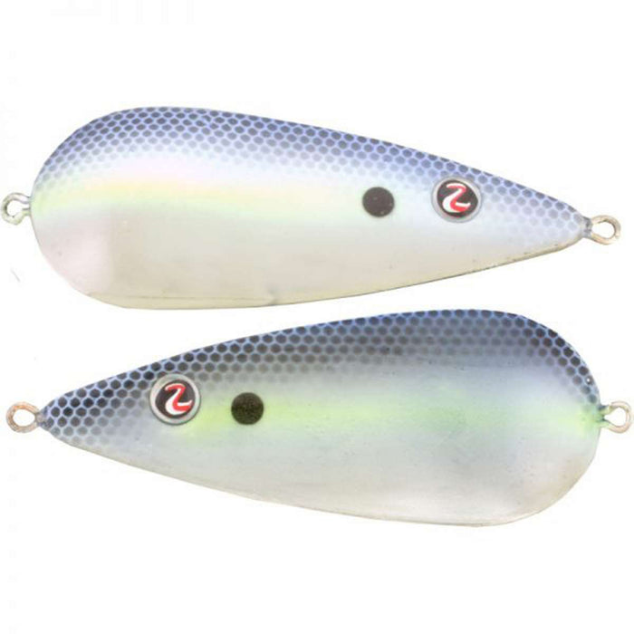 Two River2Sea James Watson Worldwide Spoon fishing lures with a realistic fish scale pattern in blue, white, and silver, designed for freshwater musky fishing.