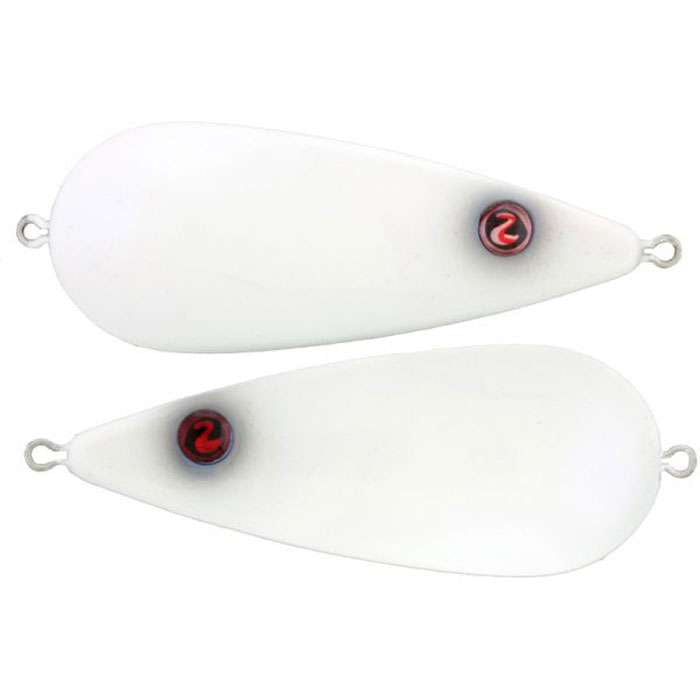 Two white River2Sea James Watson Worldwide Spoon fishing lures featuring a teardrop shape and a small red and black circular logo near the top, designed for fishing tackle use.
