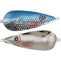 Two metal fishing spoons with reflective scale pattern in blue chrome and polished silver finishes, featuring red and black eye and wing designs, River2Sea James Watson Worldwide Spoon.