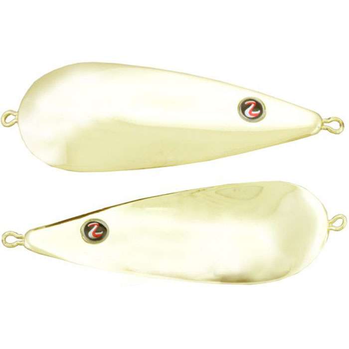 Two gold-colored fishing spoons with a smooth, reflective surface and a small circular emblem near the narrow end, designed as the River2Sea James Watson Worldwide Spoon for fishing tackle.