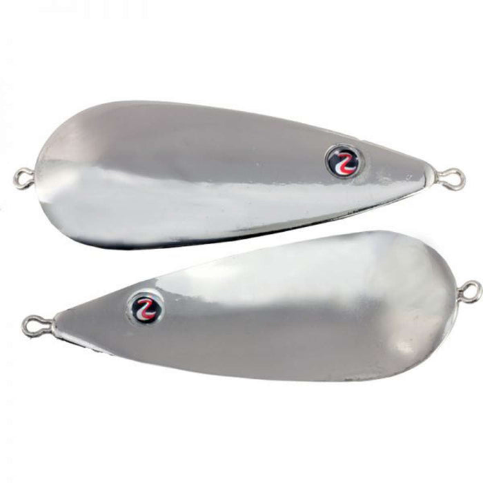 Two polished silver fishing spoons with a teardrop shape and small red and black circular logos, identified as River2Sea James Watson Worldwide Spoon designed for fishing tackle.