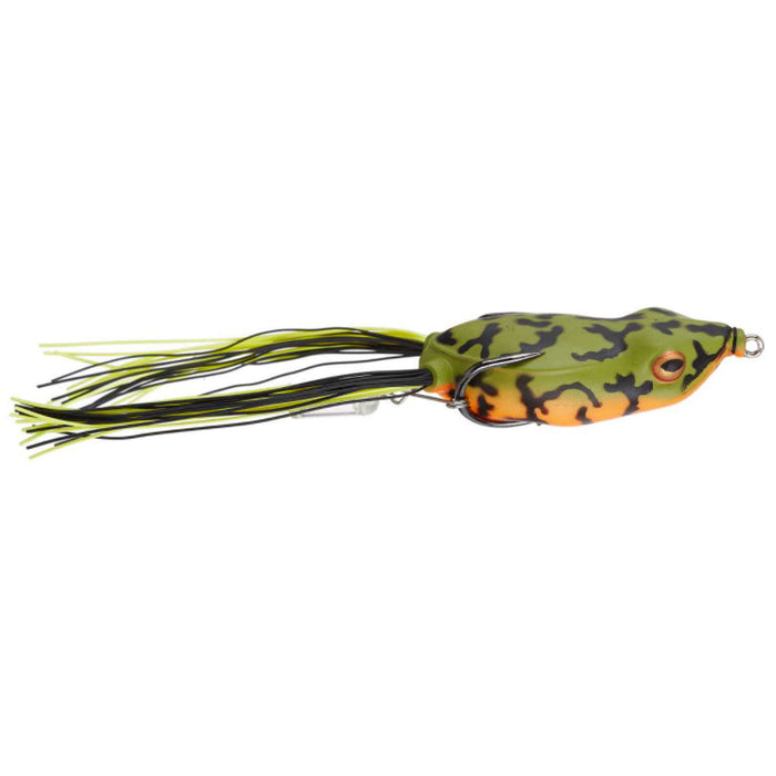 River2Sea Phat Mat Daddy fishing lure designed to resemble a frog with green and orange coloring and black patterns, featuring rubber skirt tassels and treble hooks for effective fishing tackle.