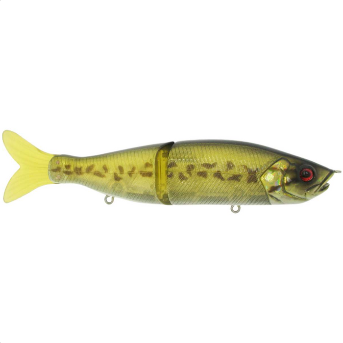 River2Sea S-Waver 120S Glide Bait, a jointed fishing lure designed with realistic green and yellow hues, red eyes, and detailed scale texture for musky and other freshwater fishing.