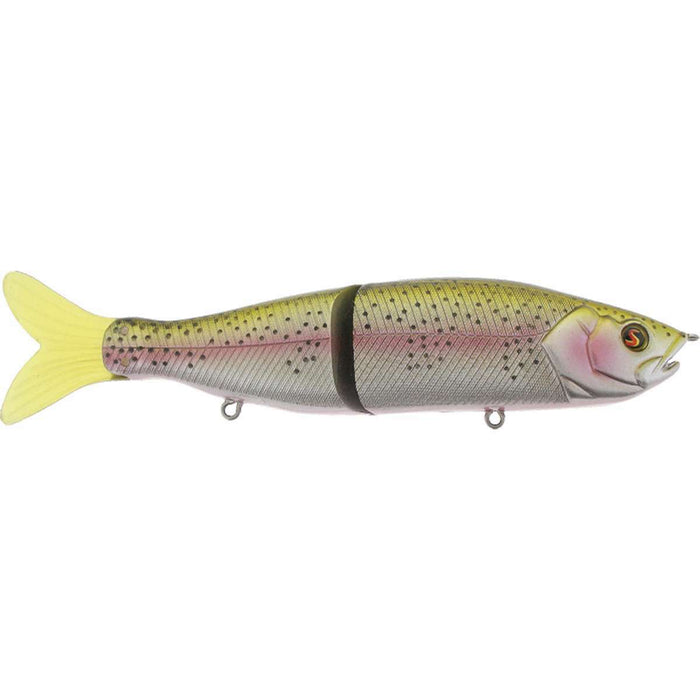 River2Sea S-Waver 120S Glide Bait fishing lure with segmented body, lifelike yellow and pink coloration, black spots, and a flexible tail designed for realistic swimming action.