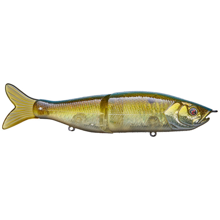 River2Sea S-Waver 200S Glide Bait designed as a realistic segmented fishing lure with lifelike green and yellow scale pattern and red eyes for effective fishing tackle use.