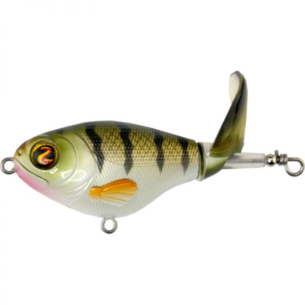 River2Sea Whopper Plopper 60-130 fishing lure with a lifelike perch color pattern, detailed body, and a propeller tail designed for attracting musky and other predator fish.