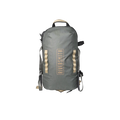 Riversmith Convoy Duffel in muted green with beige accents, featuring a front zipper pocket, top handle, and adjustable shoulder straps for durable outdoor fishing tackle storage.