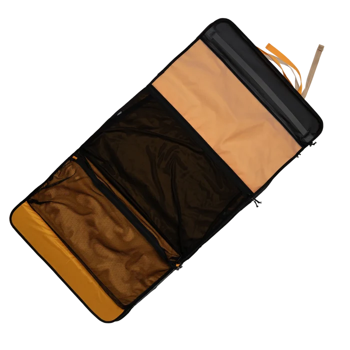 Riversmith Convoy Gear-Roll fishing tackle organizer in gray and cadmium orange colors with multiple zippered compartments and mesh pockets for storing fishing gear.