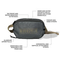 Riversmith Convoy Pack-Out Bag in gray with multiple labeled features including rip-proof water-resistant body, inner and outer pockets, aluminum zipper pulls, removable washable trash bag, and horizontal and vertical attachment straps.