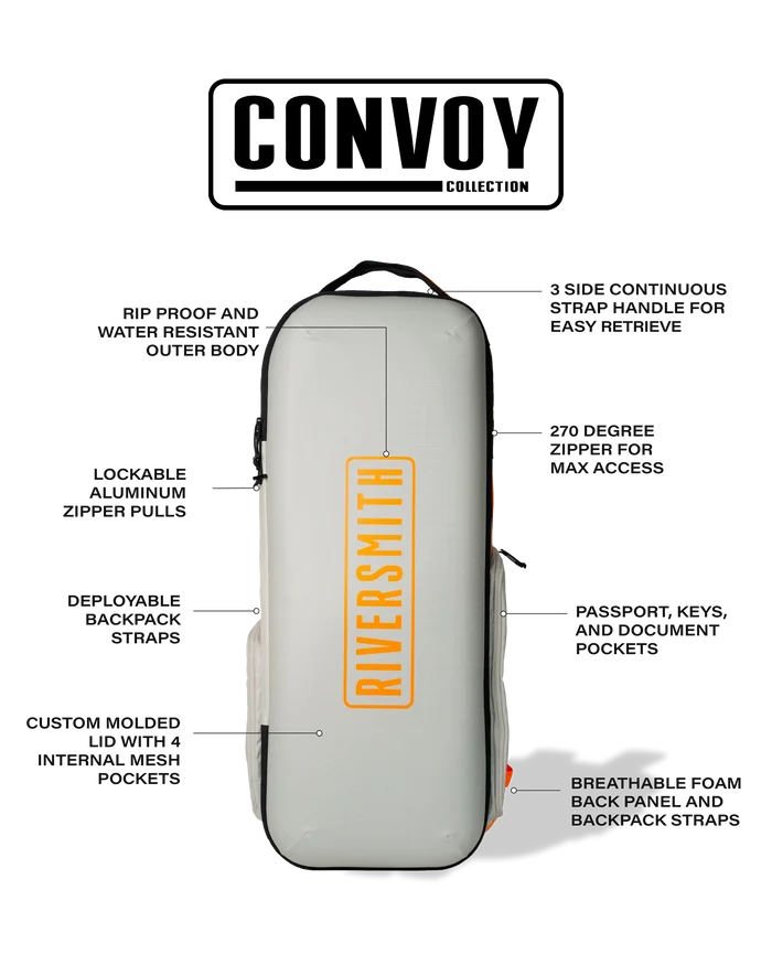 Riversmith Convoy Travel Pack shown in light gray with orange logo, featuring multiple external compartments, padded back panel, and comfortable top handle for fishing tackle and gear storage.