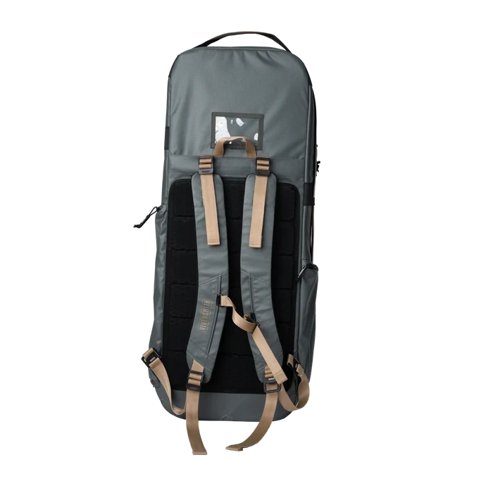 Riversmith Convoy Travel Pack in muted dark green with tan adjustable shoulder straps and padded back panel, designed for secure transport of fishing tackle and gear.