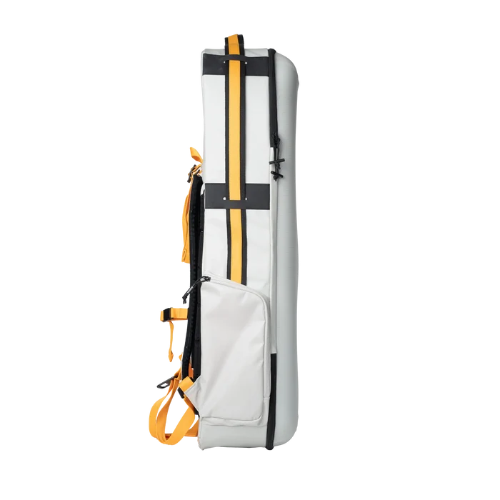 Riversmith Convoy Travel Pack in light gray with yellow and black straps, designed for durable and organized storage of fishing rods and tackle.