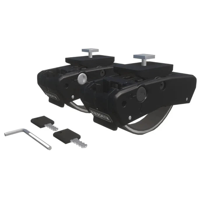 Riversmith River Quiver Accessories shown as a black clamp-style fishing rod holder with adjustable screws, two small black mounting pieces, and a hex key for installation.