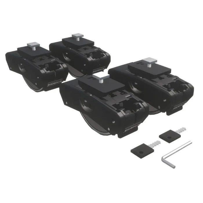 Set of four black mounting clips with screws and hex key included, designed for secure attachment of Riversmith River Quiver Accessories to fishing rods and reels.