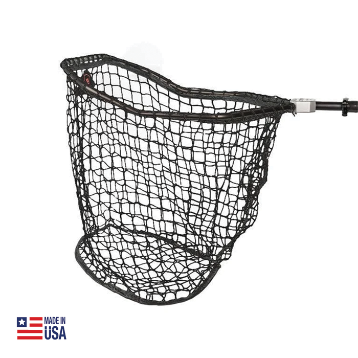 RS Nets Green Bay Net featuring a black, large mesh net attached to a sturdy, lightweight handle, designed for efficient fishing and easy catch retrieval.