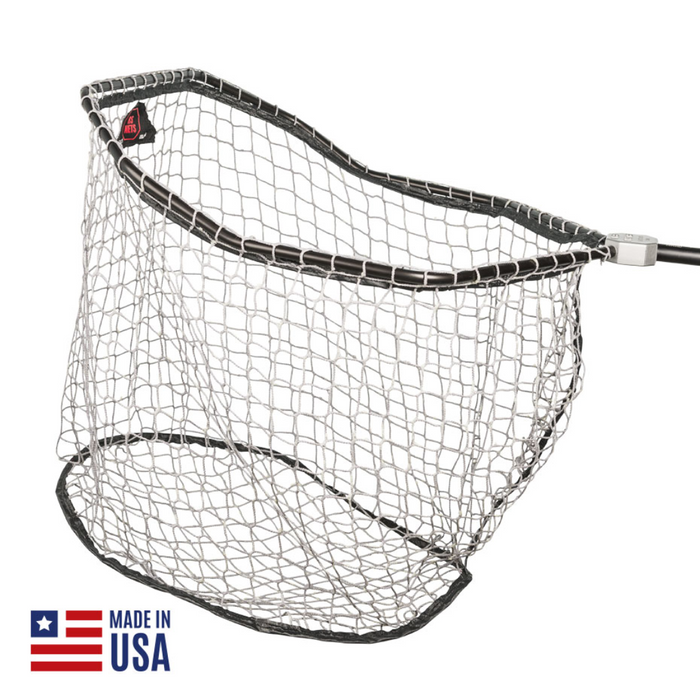 RS Nets Kelley's Island Net featuring a large, deep mesh basket with a sturdy black frame and handle, designed for durable fishing tackle use, made in the USA.