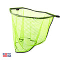 RS Nets Muskie Mag Net with bright lime green mesh and black frame designed for durable, efficient catch-and-release of muskie fish in freshwater fishing.