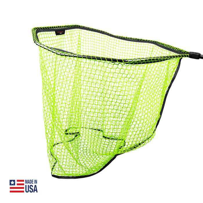 RS Nets Muskie Mag Net with bright lime green mesh and black frame designed for durable, efficient catch-and-release of muskie fish in freshwater fishing.