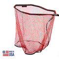 RS Nets Solo Slimer Net with a deep red nylon mesh netting and black frame designed for fishing tackle, ideal for catch-and-release and musky fishing.