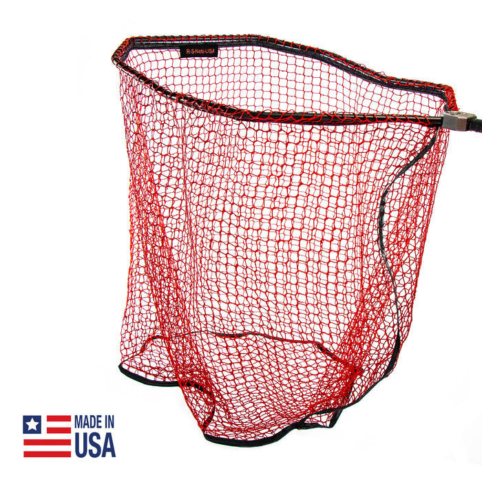 RS Nets Solo Slimer Net with a deep red nylon mesh netting and black frame designed for fishing tackle, ideal for catch-and-release and musky fishing.