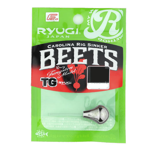Ryugi Beets TG Weights packaged in green and black labeled bag, showing a silver fishing sinker designed for Carolina Rig, made of tungsten for fishing tackle use.