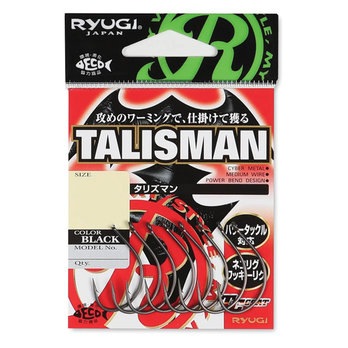 Ryugi Talisman Hook package displaying multiple sharp black fishing hooks designed for precision and durability, suitable for fishing tackle enthusiasts.